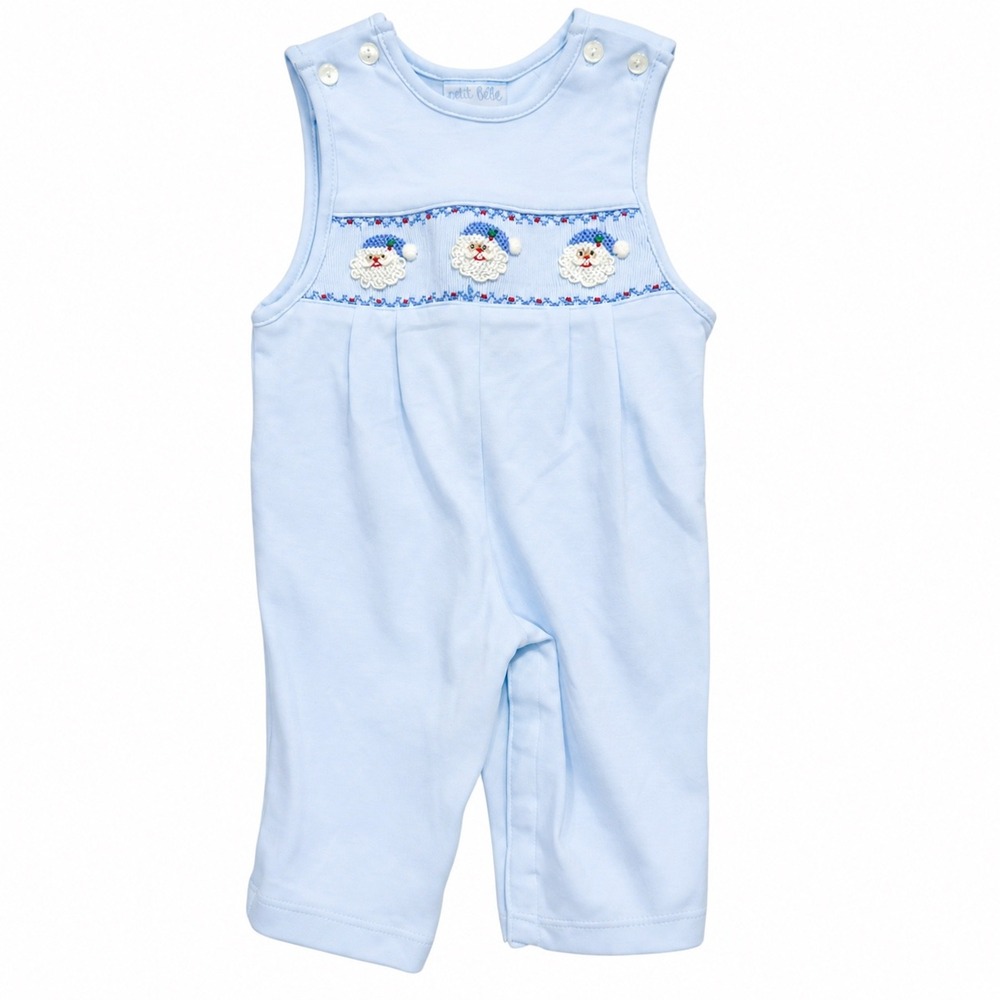 NEW Petit Bebe Blue Smocked Santa Claus Christmas Romper 3M 100% Cotton Holiday